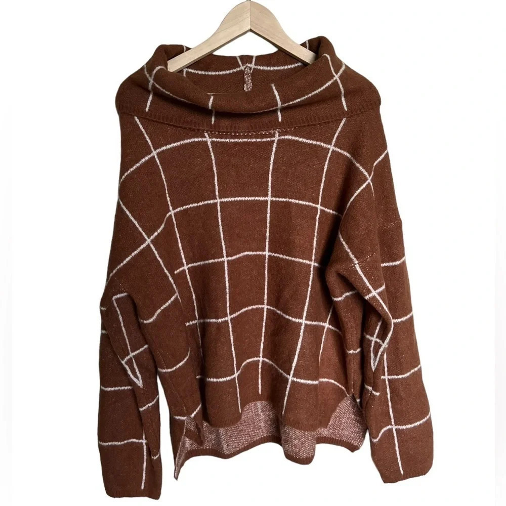 Lumiere • Cowl Neck Plaid Geometric Sweater